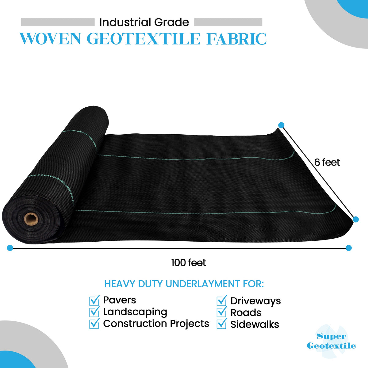 Woven Geotextile, Commercial Grade Driveway and Road Fabric for Separation and Stabilization - Heavy Duty Underlayment - 50 Year Fabric
