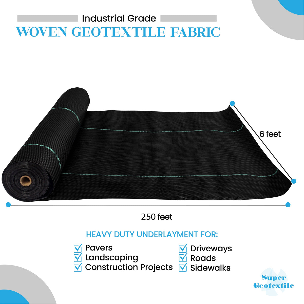 Woven Geotextile, Commercial Grade Driveway and Road Fabric for Separation and Stabilization - Heavy Duty Underlayment - 50 Year Fabric
